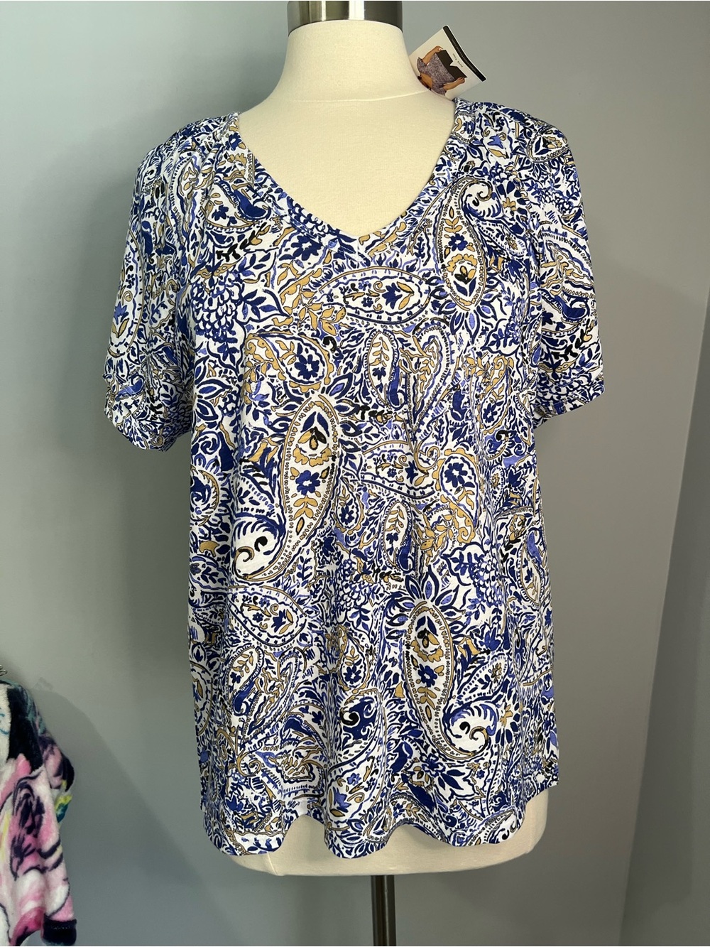 Rafaella Size XL Multicolor Blue Print Tiered Short Sleeve V-Neck Top Blouse